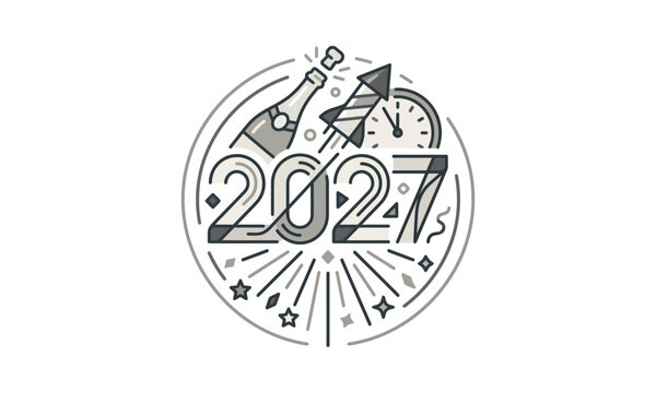 2027 celebration icon with champagne bottle and fireworks.