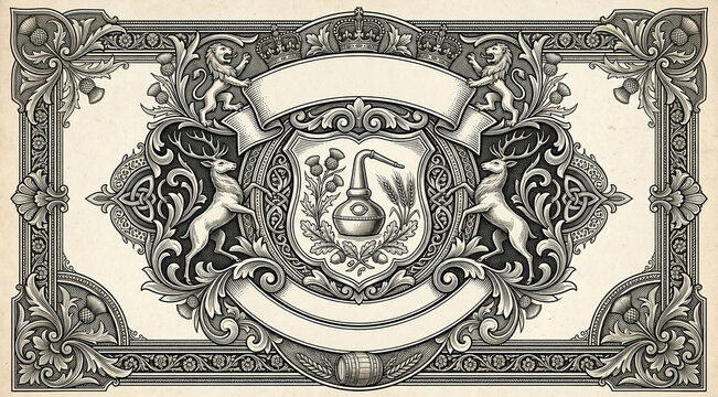 Vintage whiskey label design with heraldic animals, a still, thistles, and ornate scrolls.