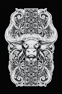 Hand drawn Illustration of buffalo head with ethnic background, Minangkabau Art  Monochrome Vector Design, 