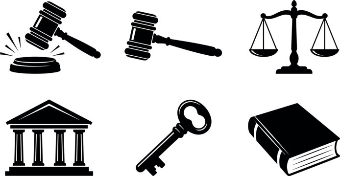 Law and Justice Silhouette Icon Set featuring Judge Gavel, Scales of Justice, Court House, Vintage Key, and Legal Constitution Book Symbols