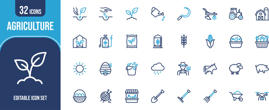 32 editable agriculture icons set bundle farm gardening editable icons collection