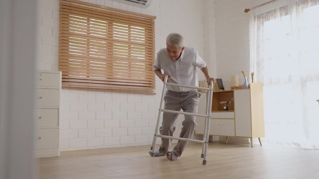 Health insurance with caregiver at home caregiver senior emergency home help woman patient fall floor care, walker mobility recovery support, accident injury after losing balance indoors bright room