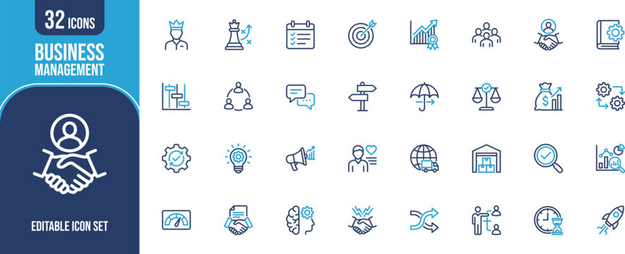 32 editable business management icons set bundle of professional icons for business and management needs
