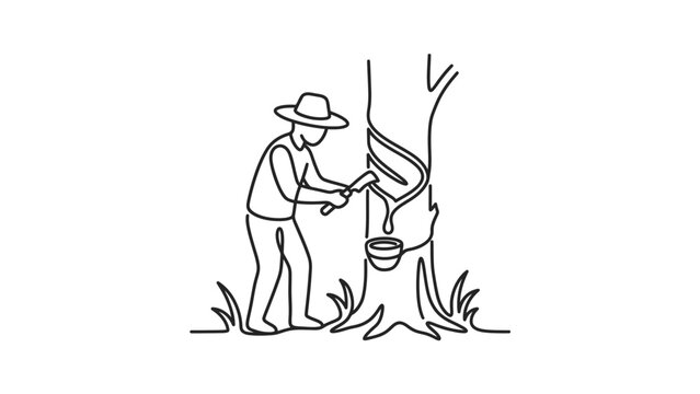 Rubber Tapper Collecting Latex From Tree In Minimalist Line Art Style