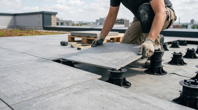 Construction Workers Installing Concrete Paving Slabs on Adjustable Pedestal Supports
