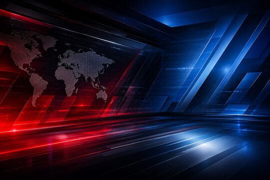 Modern news studio background with world map. Digital broadcast room with red blue lights.