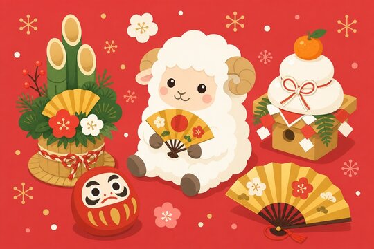Flat design cute sheep with Japanese New Year decorations kadomatsu daruma and kagami mochi