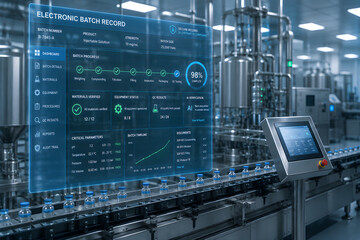 Fototapeta premium Digital pharmaceutical manufacturing dashboard displaying production analytics, quality metrics, inventory management and operational performance for modern medicine manufacturing facilities.