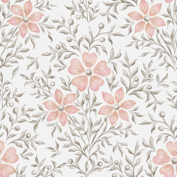 Soft Blush Watercolor Floral Seamless Pattern with Delicate Gray Botanical Branches