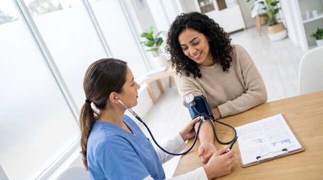 Nurse Measuring Blood Pressure of Smiling Woman During Routine Preventive Health Screening Appointment
