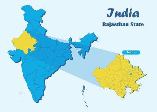 Rajasthan state highlighted in yellow in Indian map with editable vector illustration. Political map showing the location of Rajasthan with Jalore marked, suitable for education, travel & geography.
