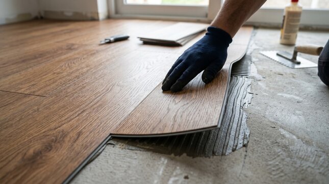 Carpenter Using Rubber Mallet and Tapping Block to Install Hardwood Floorboards Template