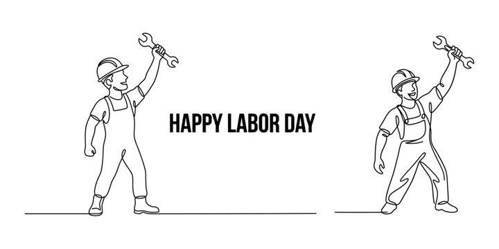 Happy Labor Day Worker Holding Wrench Minimal Outline Illustration on White Background
