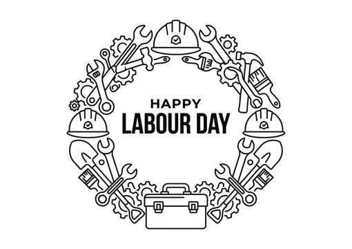 Happy Labor Day Circular Frame with Construction Tools and Safety Helmet Line Art Vector Illustration