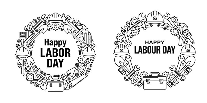 Happy Labour Day Tool Frame with Hard Hats and Toolbox Outline Vector Design