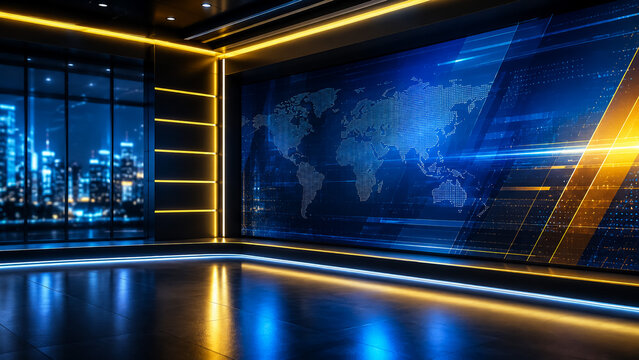 Modern news studio background. Virtual broadcast set with digital world map and city lights.