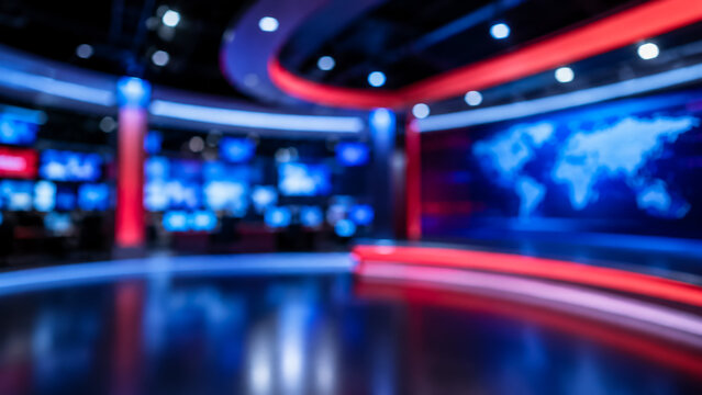 Television news studio. Broadcast media set with world map display.