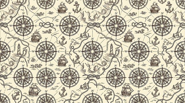 Vintage nautical map pattern with compass rose and sailing ships