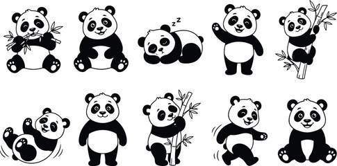 Cute cartoon panda bear set in playful poses. Adorable black and white animal illustrations for kids design projects. © MdHamid