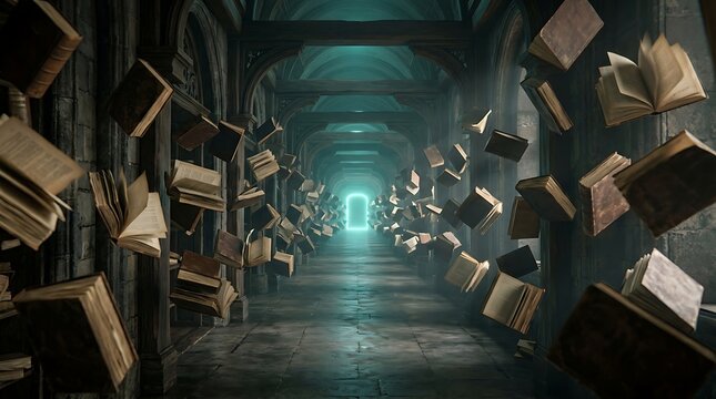 Floating books in a mysterious ancient stone library corridor