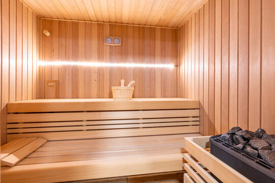 Traditional finnish sauna interior creating a relaxing wellness atmosphere