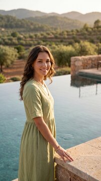 L&auml;chelnde Frau blickt an Infinity-Pool mit Blick auf Olivenhaine und Berge