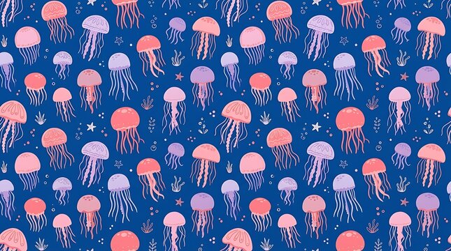 Vibrant jellyfish seamless pattern on deep blue background