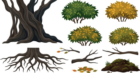 Old Tree Trunk and Root System Vector Asset Set with Green Shrubbery Forest Bushes Foliage Branches and Mossy Soil for Landscape Game Environment Designs © prosanjit