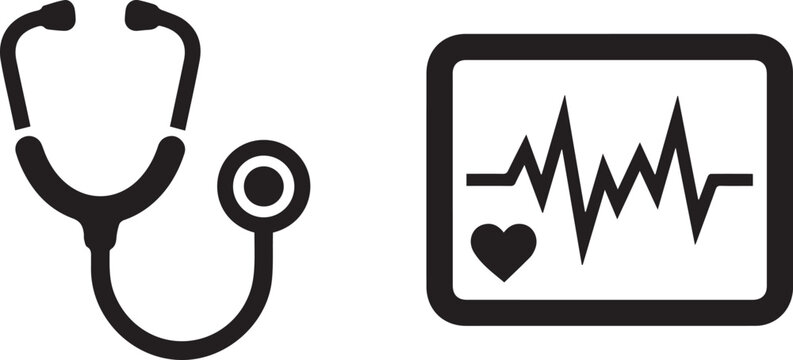 Stethoscope and heart monitor icons represent essential medical diagnostic tools used by healthcare professionals.