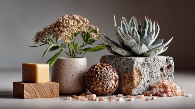 Stillleben mit Sukkulente, Naturstein, Seife und Himalaya-Salz f&uuml;r Spa und Wellness
