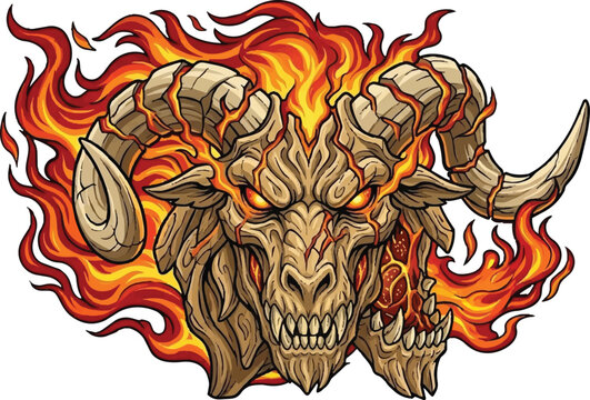 A fiery illustration of a demonic bull skull with horns and flames emerging from the sides in a graphic artwork.