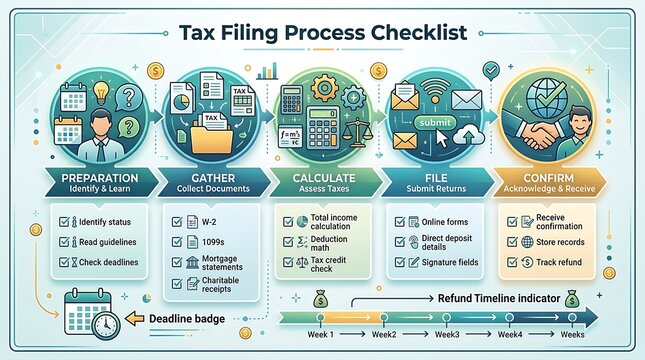 Comprehensive tax filing process checklist with steps and icons