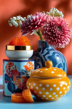 Stillleben mit Chrysanthemen, Maigl&ouml;ckchen und Orangenkaviar in blauem Vasenarrangement vor rotem Hintergrund