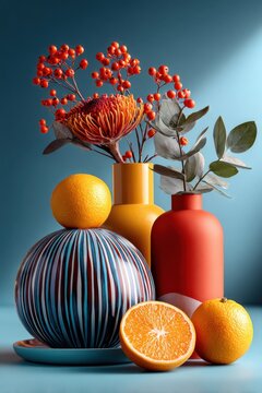 Stillleben mit gestreifter Vase, Protea-Bl&uuml;te und Orangen vor blauem Hintergrund