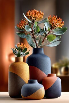 Vasenarrangement mit orangefarbenen Protea-Bl&uuml;ten und Eukalyptusbl&auml;ttern in strukturierten Keramikvasen