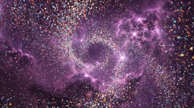 Majestic spiral galaxy swirling in deep space with vibrant purple nebula clouds and sparkling stardust particles illuminating the vast cosmic void in a cinematic celestial dance