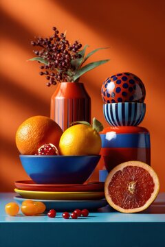 Stillleben mit gestreifter Vase, Protea-Bl&uuml;te und Zitrusfr&uuml;chten vor orangefarbenem Hintergrund