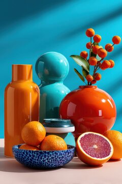 Stillleben mit orangefarbener und t&uuml;rkisfarbener Vase, Vogelbeeren und Blutorange