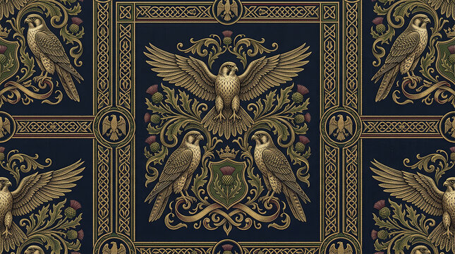 Majestic falcon and thistle heraldry pattern on dark navy background with golden borders.