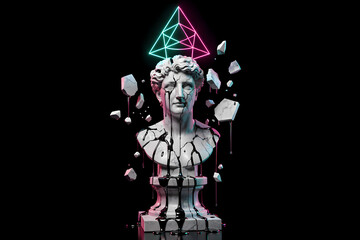 Fototapeta premium Shattered classical white marble bust weeping dark liquid mercury with floating stone pieces and a glowing neon triangle halo