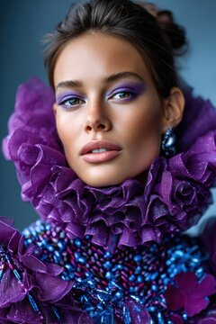 Portr&auml;t mit violettem Lidschatten und kunstvoller lila-blauer R&uuml;schenkragen-Mode