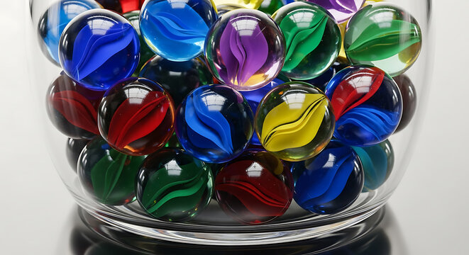 Colorful glass cat eye marbles inside a transparent glass bowl