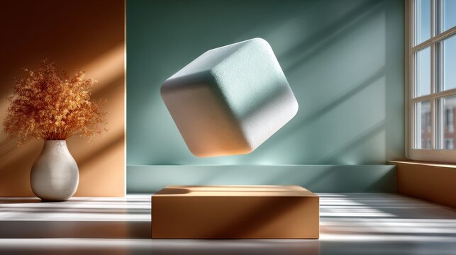 Schwebender wei&szlig;er W&uuml;rfel als minimalistisches 3D-Konzept in modernem Raum