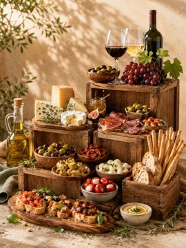 Mediterranes Antipasti-Buffet mit K&auml;se, Wein und Oliven auf Holzkisten im Sonnenlicht