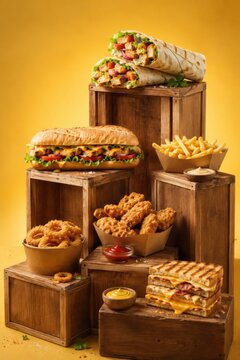 Fast-Food-Stillleben mit Sandwich, Wrap, Chicken Tenders und Pommes auf Holzkisten