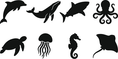 Marine Animal Silhouette Collection with Dolphin Whale Shark Octopus Turtle and Ocean Wildlife © mdAl