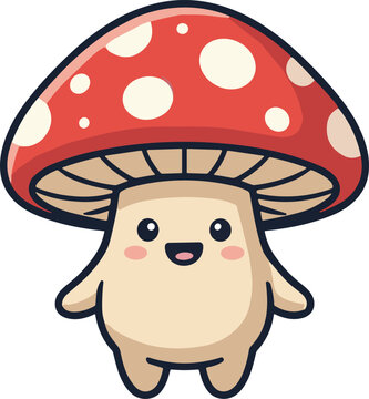 Cute Cartoo Mushroom Character Illustration with Red Spotted Cap for Kids Designs, Autumn Patterns, Stickers, and Educational PrintsCute Cartoon Mushroom Character Illustration with Red Spotted Cap fo