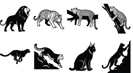 Wild Big Cat Silhouette Vector Collection Featuring Lion, Tiger, Leopard, Cheetah, Lynx and Mountain Lion Designs © MdAshik