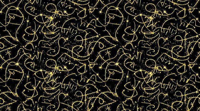 Seamless gold glitter abstract line pattern on black background