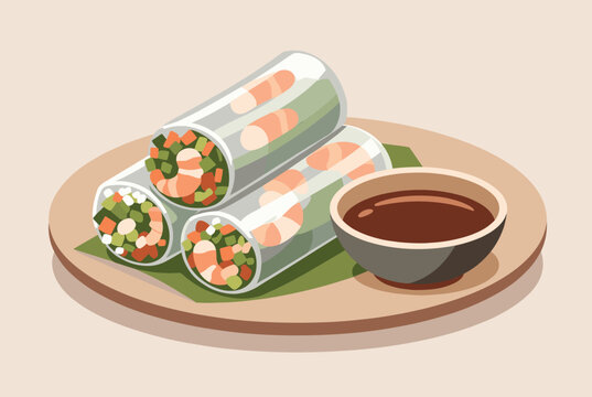 Plate of fresh healthy Vietnamese spring rolls with shrimp and vegetables served with a bowl of dipping sauce.